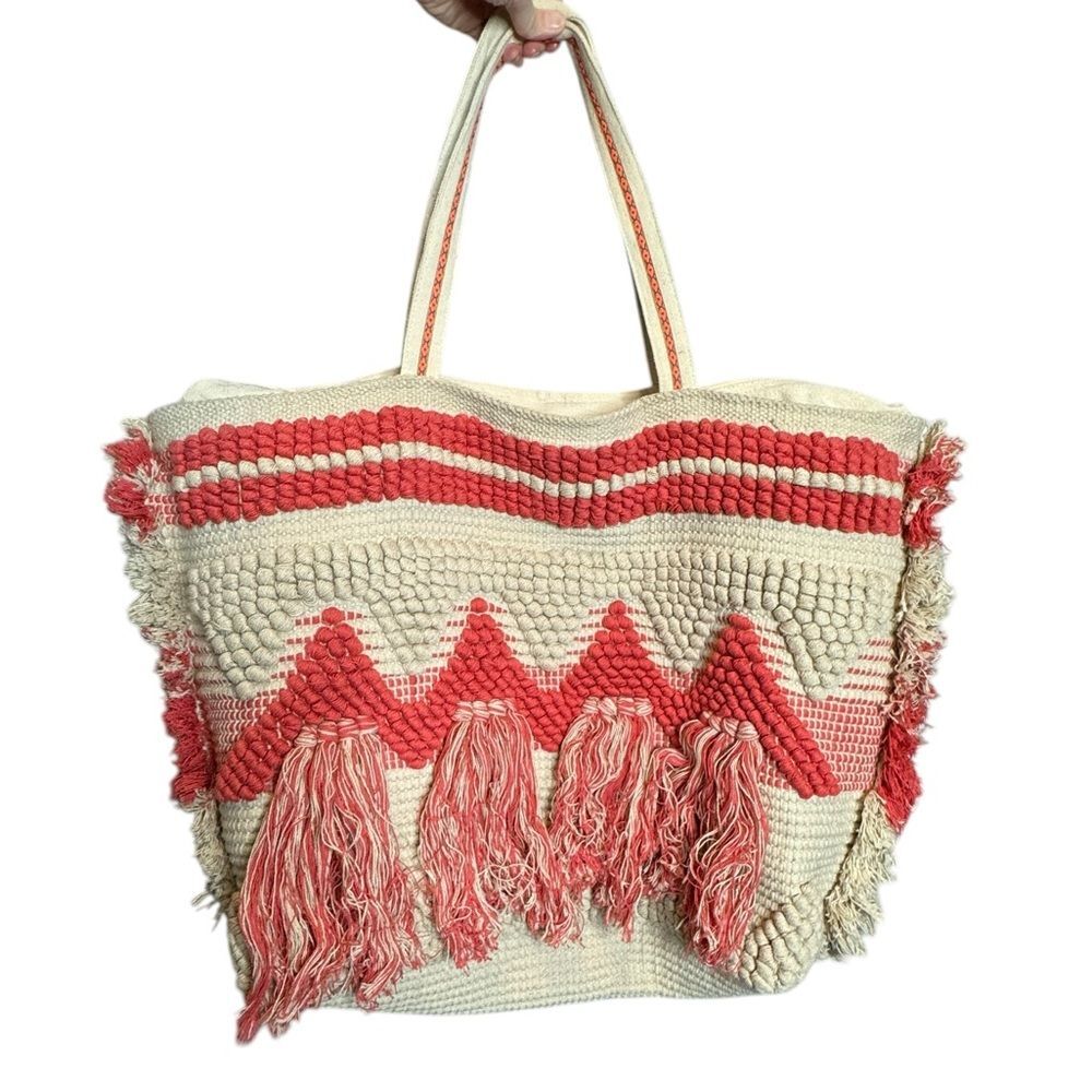 Cream & Coral Woven Embroidered Tassel Fringe Weekender Carpet Bag Carryall